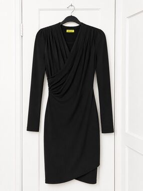 Gauge81 Black Draped Faux-Wrap Long-Sleeve Dress